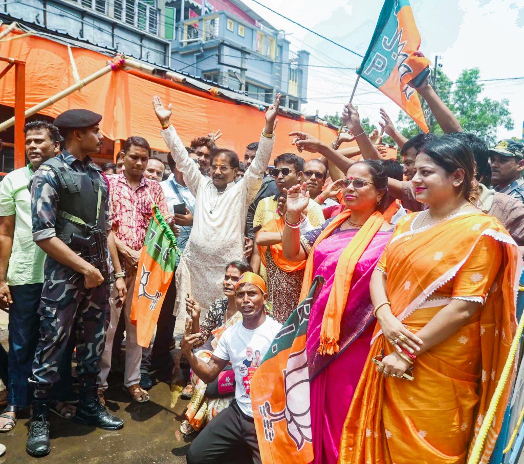 BJP supporters celebrate at Ranaghat South Assembly Constituency in Nadia