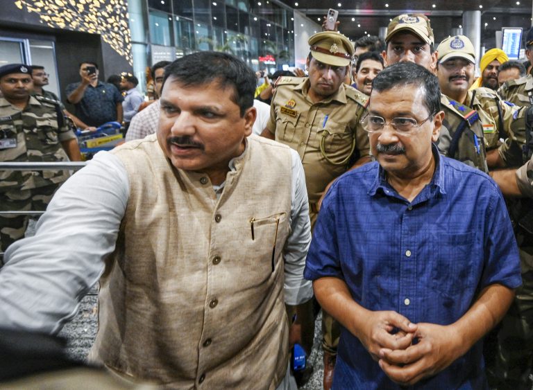 Aam Aadmi Party (AAP) National Convener Arvind Kejriwal arrives at Chaudhary Charan Singh International Airport en route to Ayodhya to visit the Ram Mandir