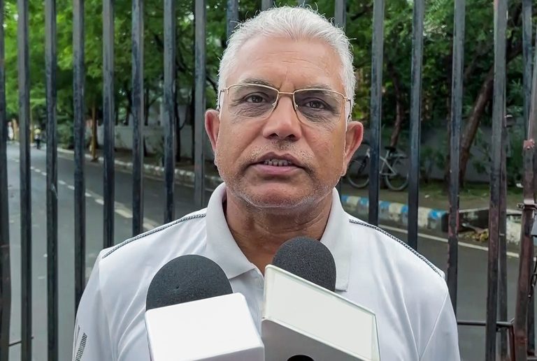 BJP candidate Dilip Ghosh from the Kharagpur Sadar Assembly constituency speaks to the media