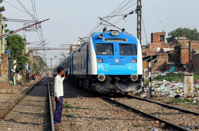 India's first hydrogen-powered train seen on the Delhi railway track during its high-speed trial