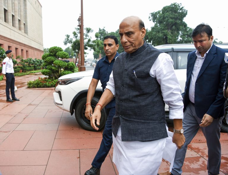 Union Defence Minister Rajnath Singh at the Parliament Premises during the Monsoon Session