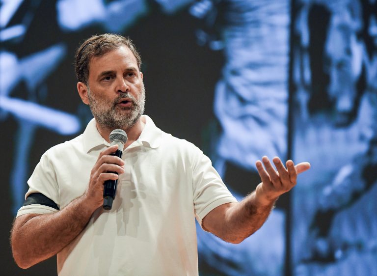 Lok Sabha LoP and Congress MP Rahul Gandhi addresses a press conference at Indira Bhawan