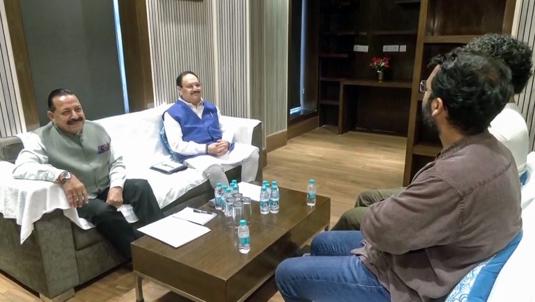 Cockroach Janta Party's (CJP) Spokespersons Saurav Das and Ashutosh Ranka meets Union Minister JP Nadda and Union MoS Jitendra Singh