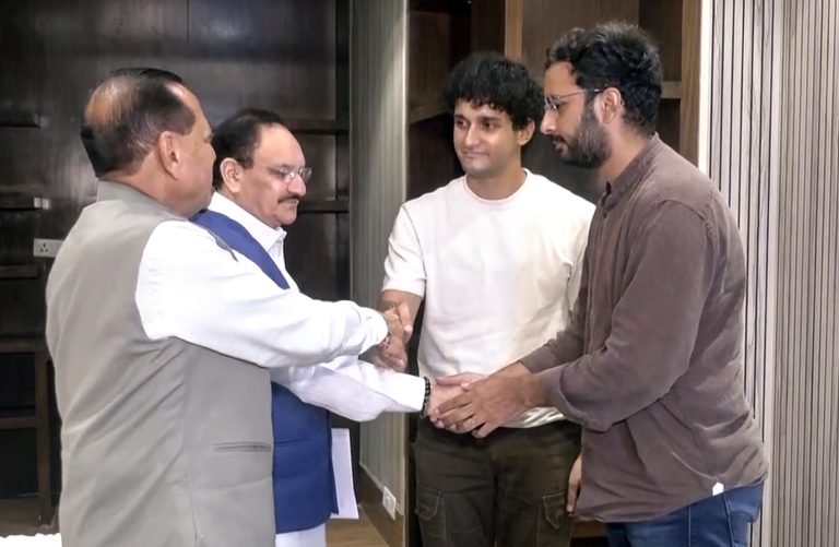 Cockroach Janta Party's (CJP) Spokespersons Saurav Das and Ashutosh Ranka meet Union Minister JP Nadda and Union MoS Jitendra Singh