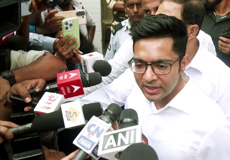 TMC national general secretary and MP Abhishek Banerjee speaks to the media as CID serves him a notice