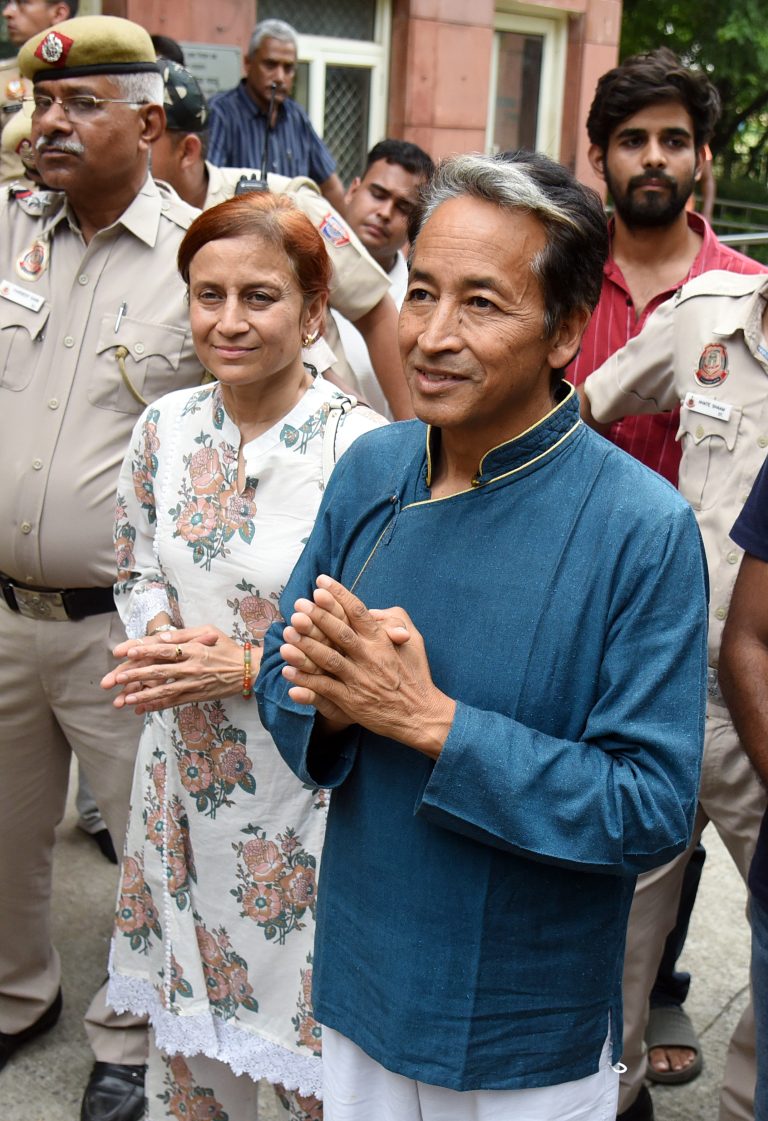 Environmentalist Sonam Wangchuk offers tributes at Rajghat, soon after getting discharged from Medanta Hospital