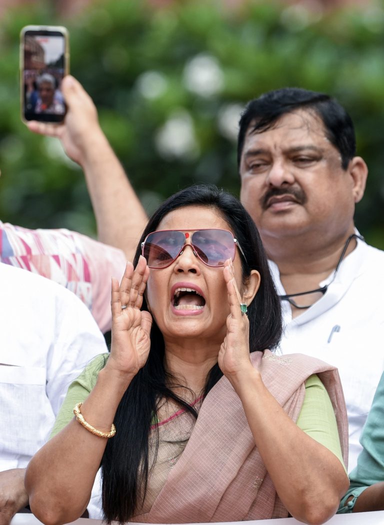 Opposition MPs stage a protest over the issue of alleged Ayodhya Ram Mandir donations embezzlement during the Parliament Monsoon Session