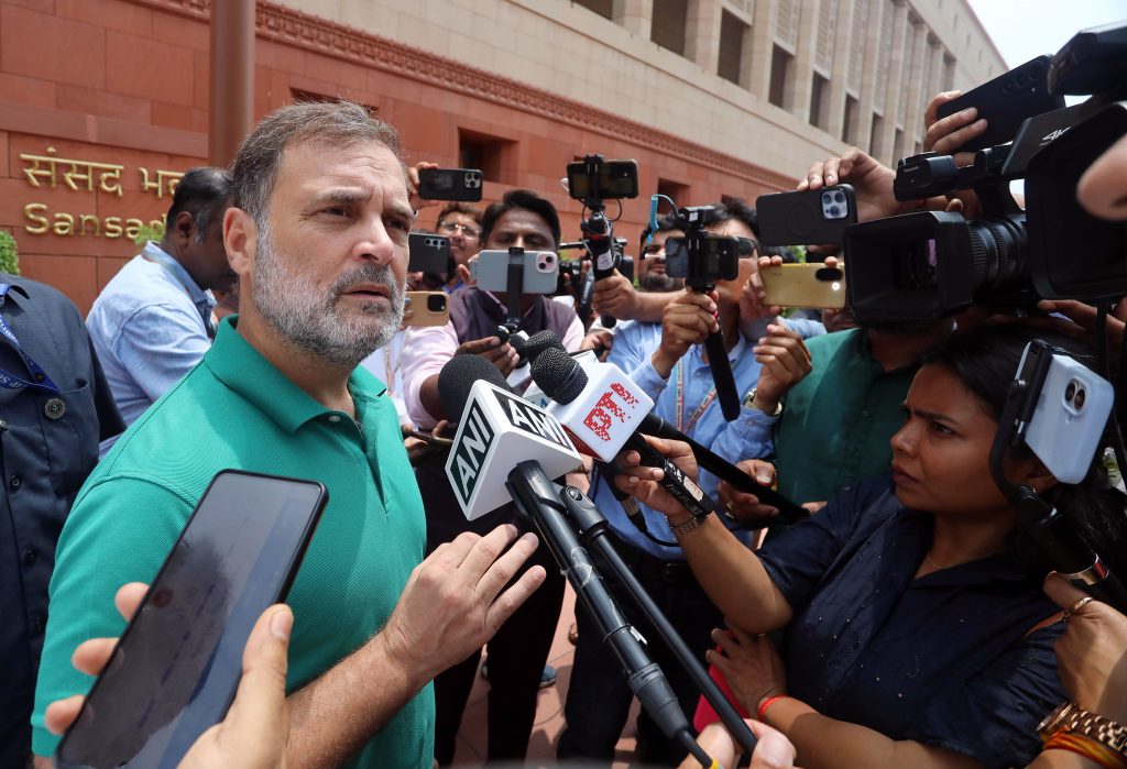 Lok Sabha LoP Rahul Gandhi speaks to the media at the Parliament premises during the ongoing Monsoon Session