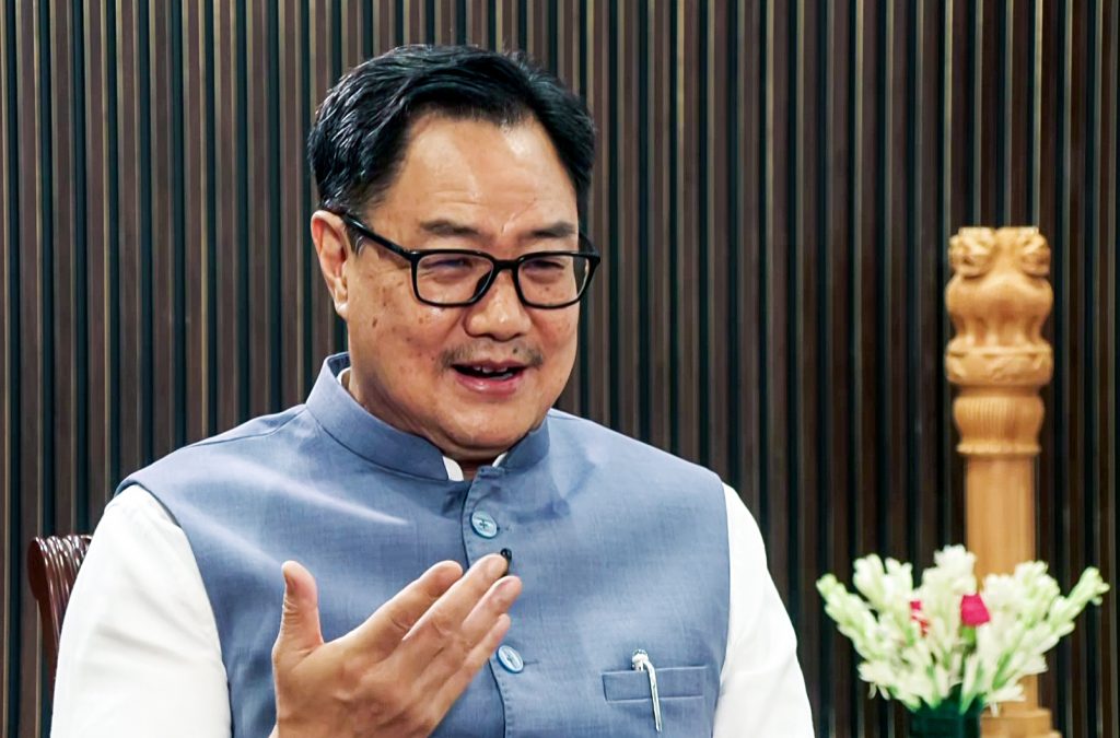 Union Minister Kiren Rijiju speaks to media