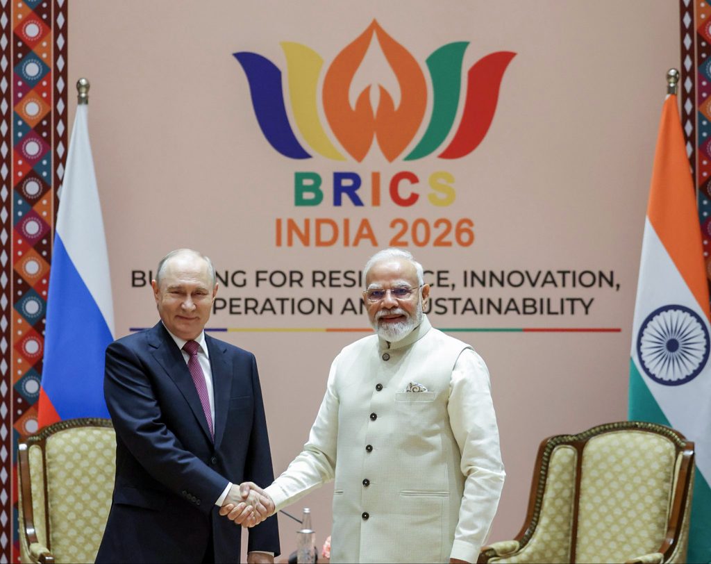 PM Narendra Modi and Russian President Vladimir Putin hold a bilateral meeting on the sidelines of the BRICS Summit 2026