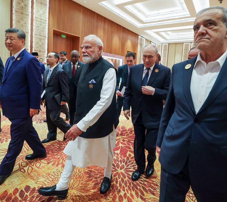 PM Narendra Modi with Chinese President Xi Jinping and Russian President Vladimir Putin at the BRICS Summit