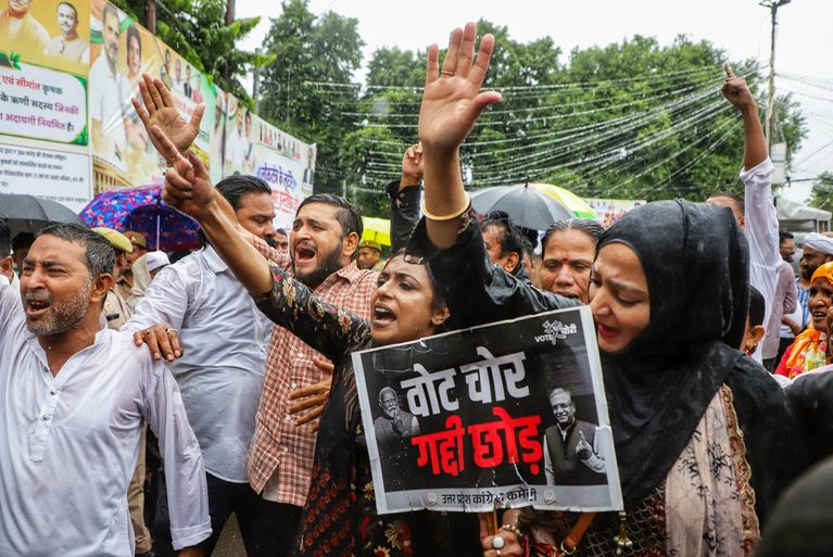 UP Congress workers and supporters stage a protest against the CEC Gyanesh Kumar in Lucknow