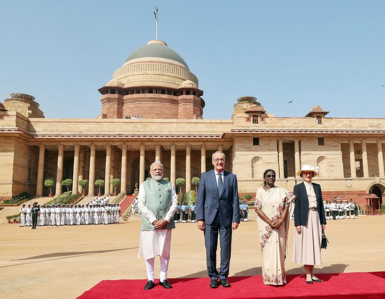 Swiss Confederation President Guy Parmelin accorded a ceremonial reception at Rashtrapati Bhavan