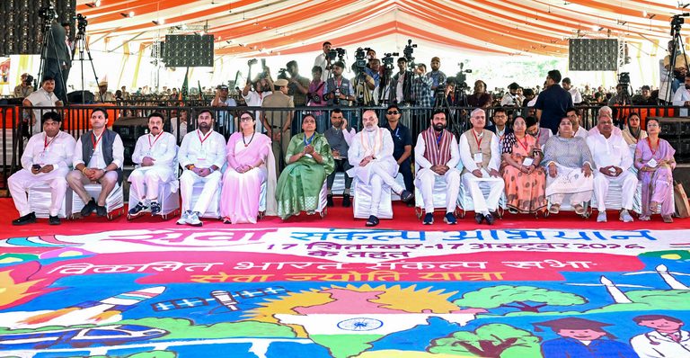 Union HM Amit Shah, with Haryana CM Nayab Singh Saini, attends the 'Viksit Bharat Sankalp Sabha - Seva Jyoti Yatra' in Gurugram